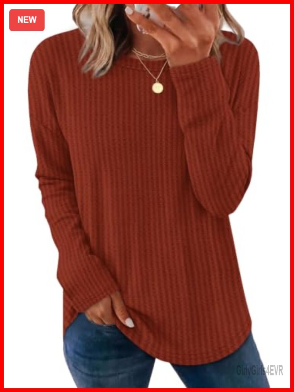 Waffle Knit Long Sleeve Tunic Top Curved Hem Relaxed Fit Fall Winter Shirt